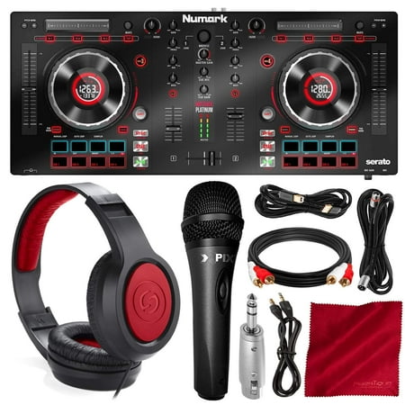 Numark Video Controller Numark Mixtrack Platinum DJ Controller with Jog Wheel Display and Headphones + Microphone Deluxe Bundle ()