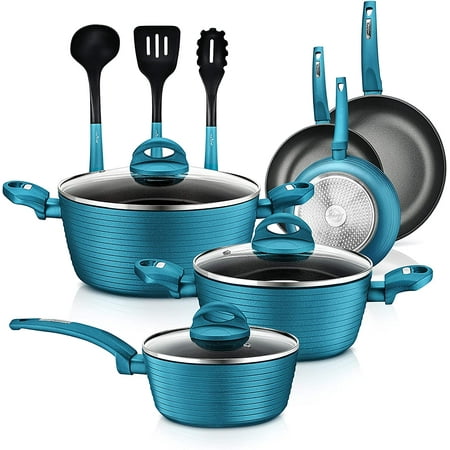 

GUVSOETS Kitchenware Pots&Pans Stylish Cookware Non-Stick Coating Inside&Outside+Heat Resistant Lacquer Light Gray Inside and Green Outside(12-Piece Set) One Size Teal