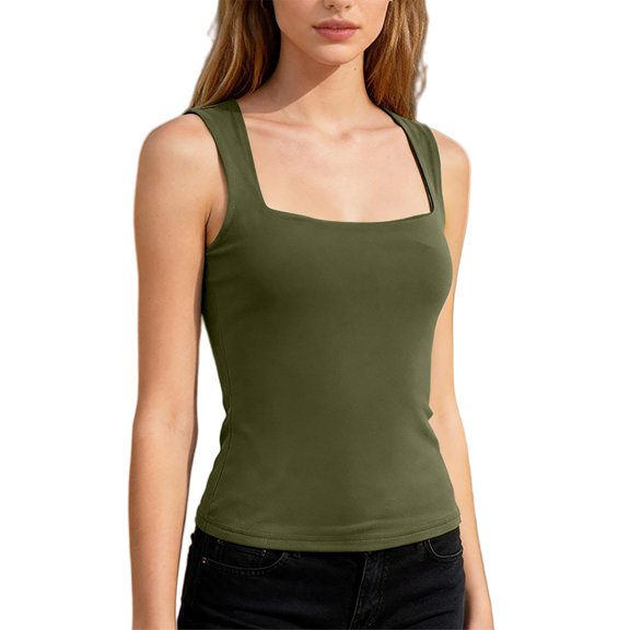 Soyumi Womens Square Neck Tank Tops Dressy Summer Sleeveless Shirts Sexy Going Out Slim Fitted Trendy Tops T Shirts Blouses Y2K Cute Sleeveless Cami Shirts, Blackish Green