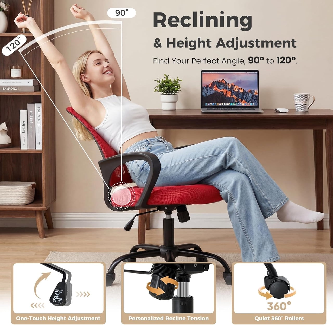 Simenmax Ergonomic Mid Back Office Chair, Red Mesh Computer Desk Chair with Lumbar Support, Rocking Mode for Home Office