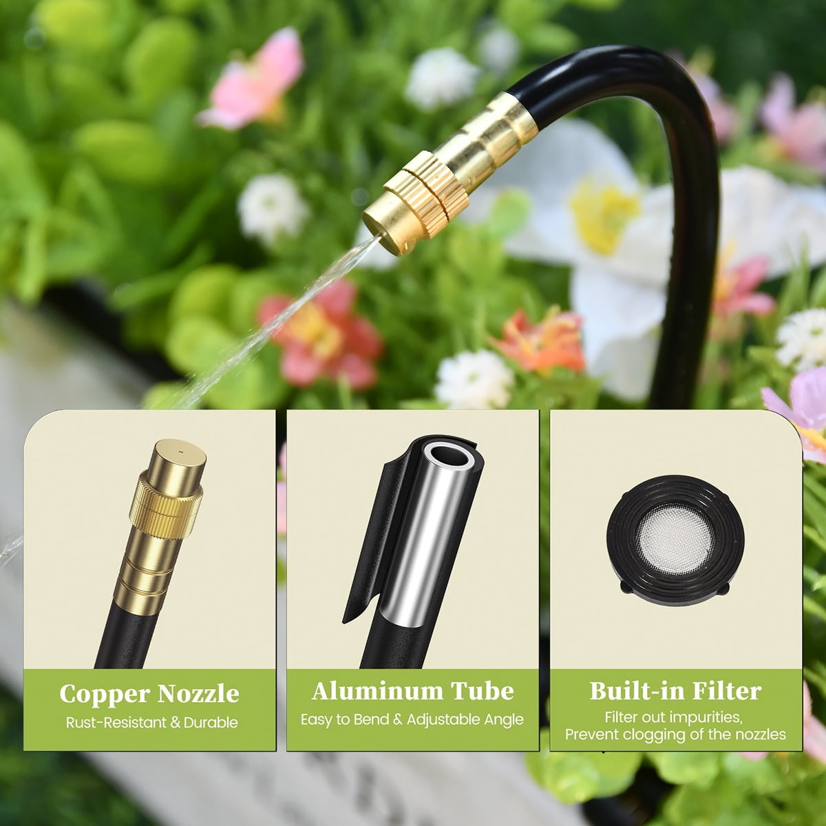 RainPoint 50FT Drip Irrigation System, 15PCS 360° Brass Nozzles Garden Watering Kit for Greenhouse Lawn Raised Beds