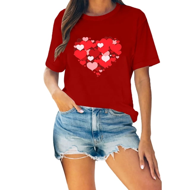 Outfmvch t-shirts pour Couples Manches Courtes pour Femmes Amour Cœur Grahic Saint-Valentin Col Rond Graphique Manches Courtes Hauts couple t-shirts Graphiques pour Femmes Rouge 1 m