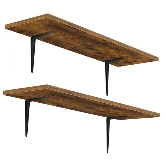 HOOBRO Floating Shelves for Wall, 15.4" Wall Mounted Shelves Set of 2, Hanging Storage Shelf with Metal Brackets, Wooden Shelf for Living Room, Bedroom, Bathroom, Rustic Brown and Black BF42BJP201G1