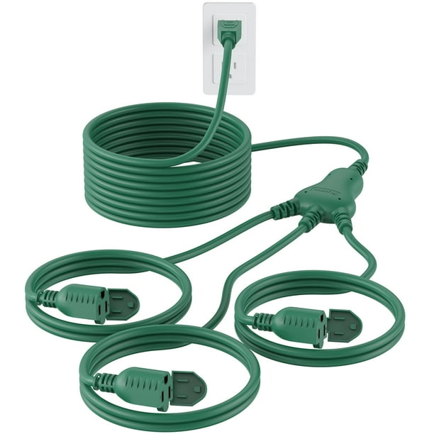 Cable de extensión para exteriores PLUGTUL, 42 pies, 1 a 3, divisor verde