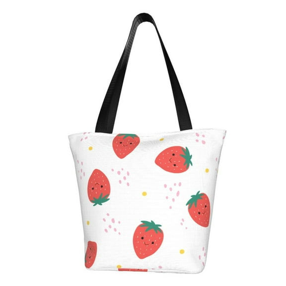 TEQUAN Reusable Shoulder Tote Bags, Strawberry Small White Flower Prints Polyester Casual Shopping Grocery Bag for Women