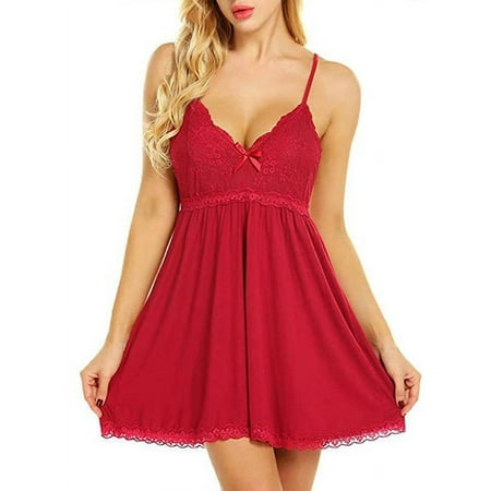 

Nananla Valentine s Day Slip Dress Sleepwear Homewear Sleeveless V-Neck Solid Lace Sexy Lingerie Nightdress Plus Size