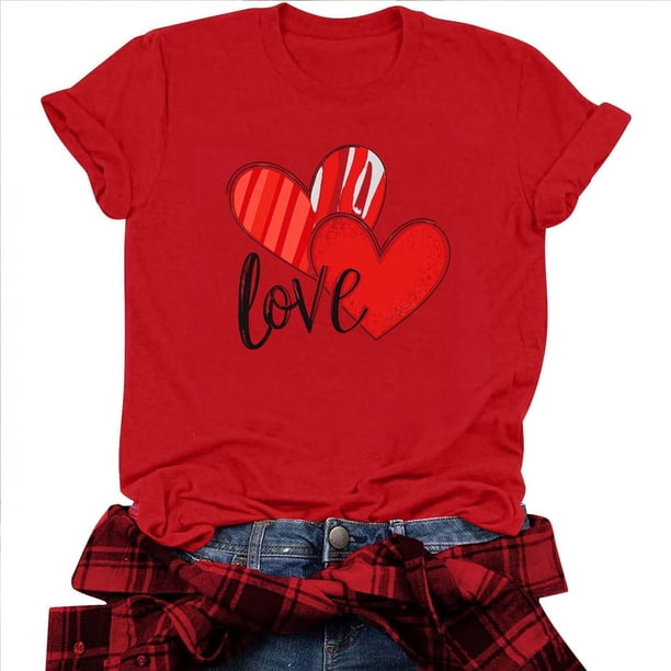 RKSTN Valentine's Day T Shirts for Women Cotton Oversized Crewneck Heart Graphic Print Short Sleeve Shirt Pullover Tops Womens Casual Valentine Print Round Neck Regular Fits Comfy Summer Tee Shirts