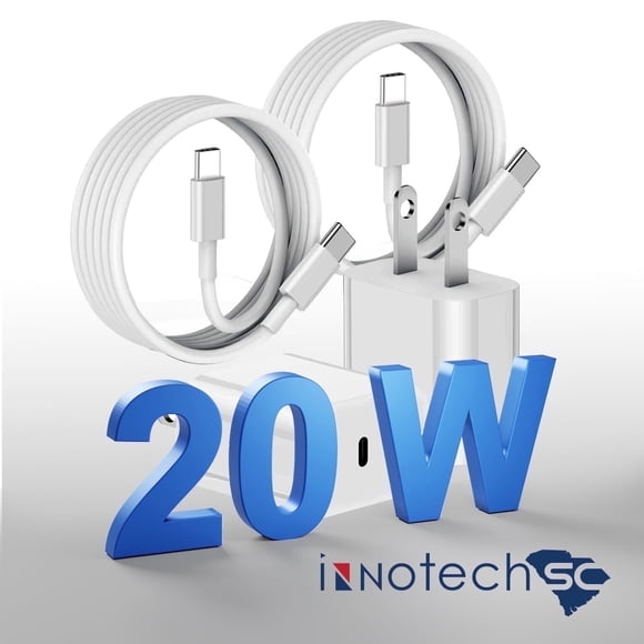 Innotech SC Fast Charger para iPhone 17/16/15 – Adaptador de Pared USB-C PD de 20W con 2 Cables de 6 Pies