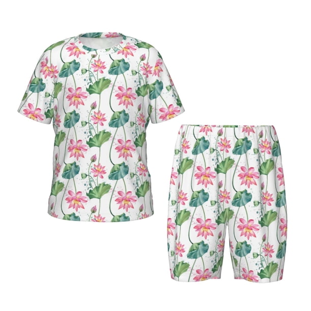 Balery Lotus Flower Conjunto de Pijama Infantil de Manga Corta con Estampado – Ropa de Dormir de Algodón Suave-Large