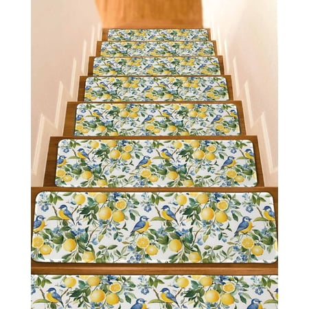 Lemon Bird Stair Treads for Wooden Steps Indoor Runner Rug Carpet Watercolor Yellow Green Foliage Flower Leaf 10 Pieces Peel and Stick Staircase Step Treads Covers Washable Throw Door Mats 30 x8