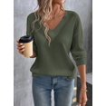 thumbnail image 3 of Women's Olive Green Ribbed Knit V-Neck Sweater Drop Shoulder Loose Fit Long Sleeve Pullover for Fall Winter Layering with Jeans Daily Outfits, 3 of 8