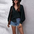 thumbnail image 2 of Blusa con cuello en V y manga farol para mujer Camisa con botones y cuello en V de color puro para uso diario Negro L, 2 of 6