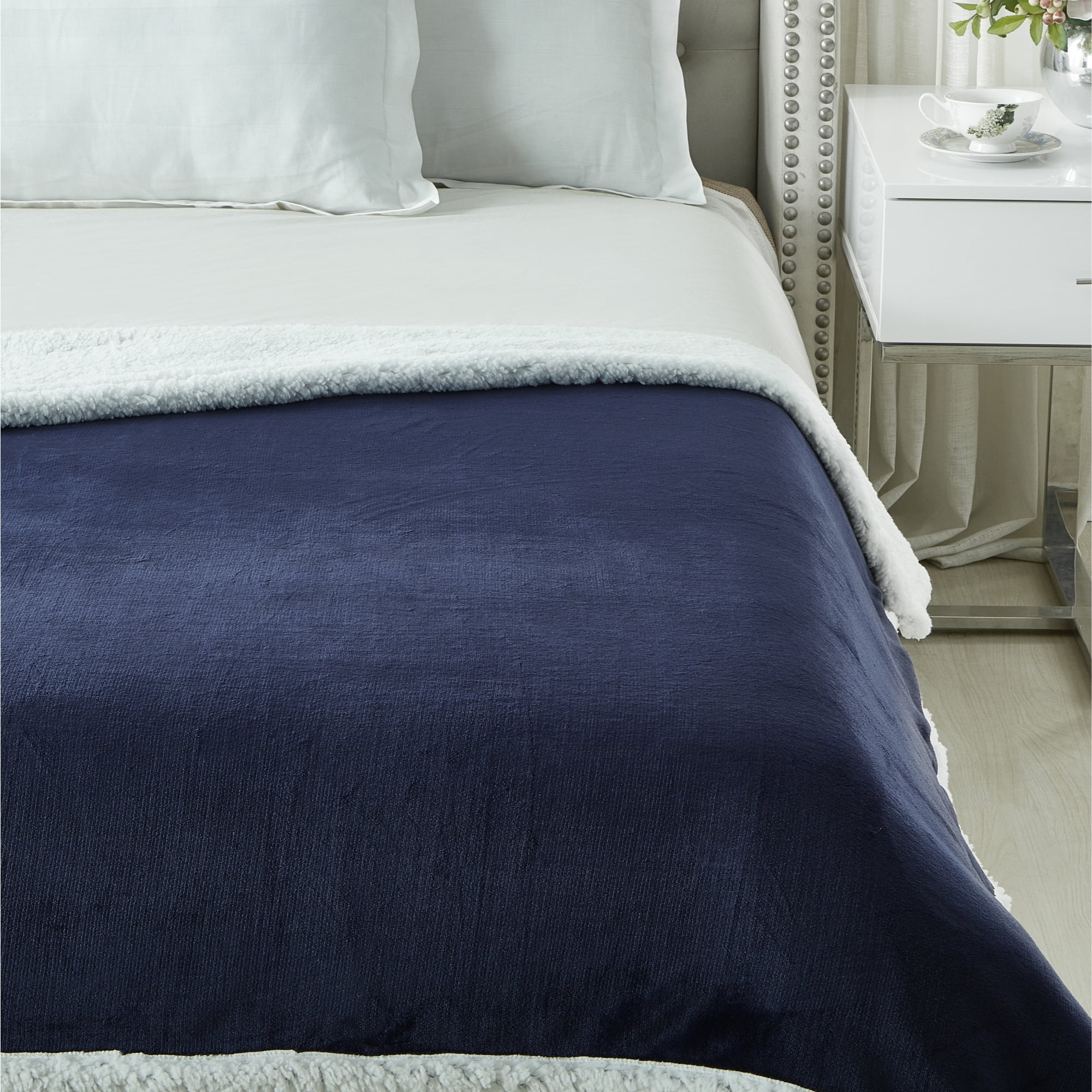 Cozy Tyme Urima Navy Flannel Reversible Solid Sherpa Throw Blanket Super Soft Cozy 90 X 90 Other 90 X 90