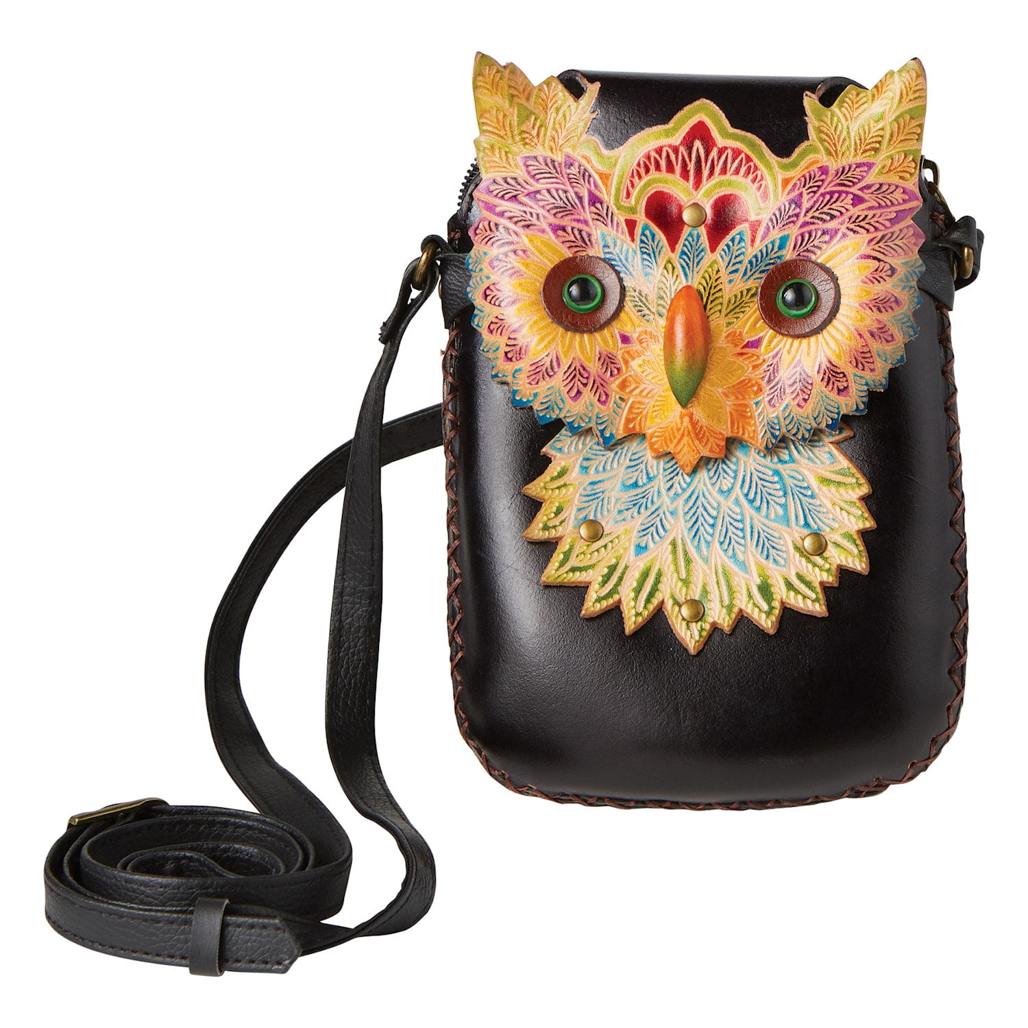 Handmade Leather Green cat with fish Wristlet Coin Purse wallet