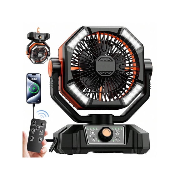 Camping Fan, 20000mAh Battery Powered Fan With LED Lantern, Rechargeable Battery Operated Oscillating With Remote Hook, 8 Speeds Outdoor Fans For Teny, Picnic, Fishing, Travel, Jobsite