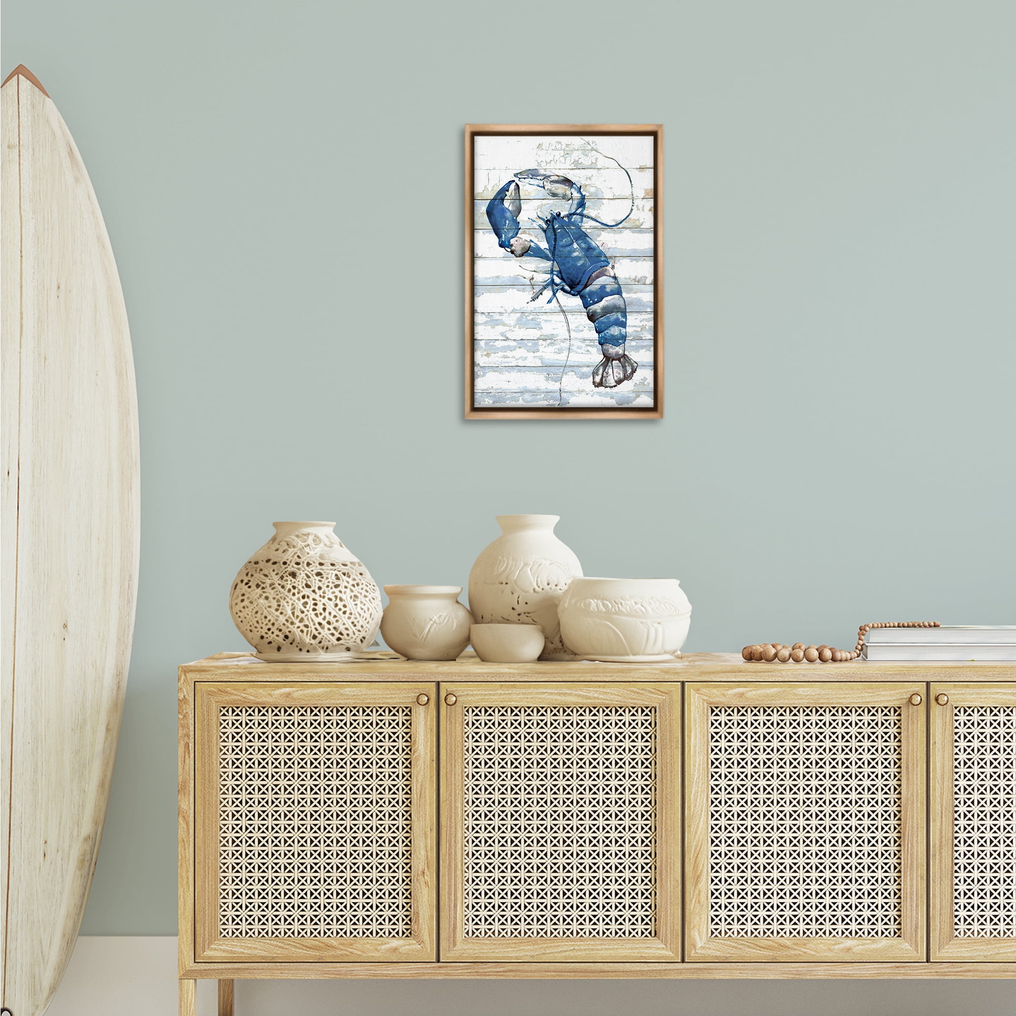 Stupell Industries Blue Lobster on Distressed Animals Painting Brown Floater Framed Canvas Art Print Wall Art, 17 x 25
