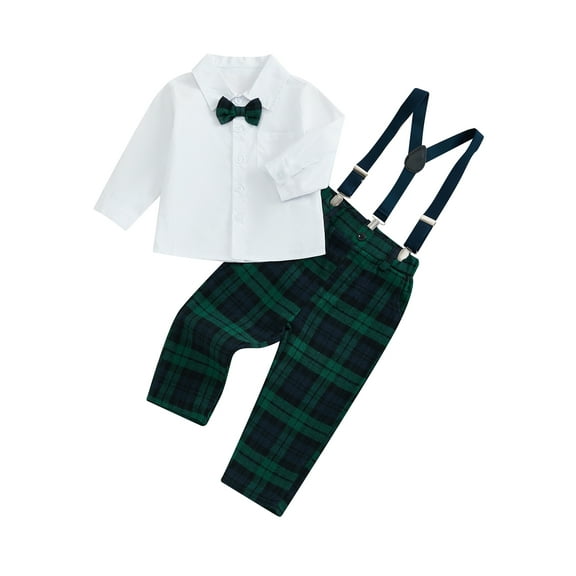 JYYYBF Little Boy Gentleman Outfit, Long Sleeve Button Down Shirt with Bowtie Plaid Suspender Pants 2 Piece Set