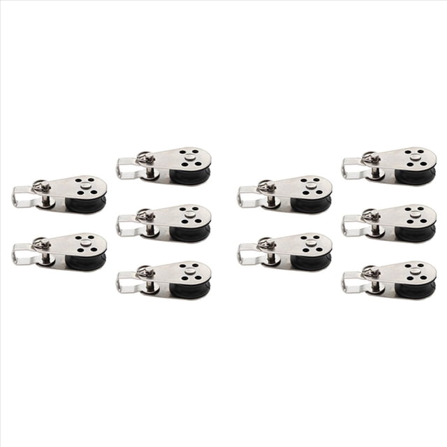 10 piezas de polea de acero inoxidable, polea de nylon, de vela, polea de , polea de cuerda de nylon, polea oscilante Pack de 10 poleas de 25 mm con carcasa estampada de acero inoxidable y rueda de nailon resistente, remachado entre carcasa y rueda y anilla de elevación desmontable; vista frontal sobre fondo blanco, aptas para kayaks, toldos, cortinas y sistemas de cuerda interior y exterior; también suelen usarse para guiar cuerdas en proyectos de bricolaje ligero.