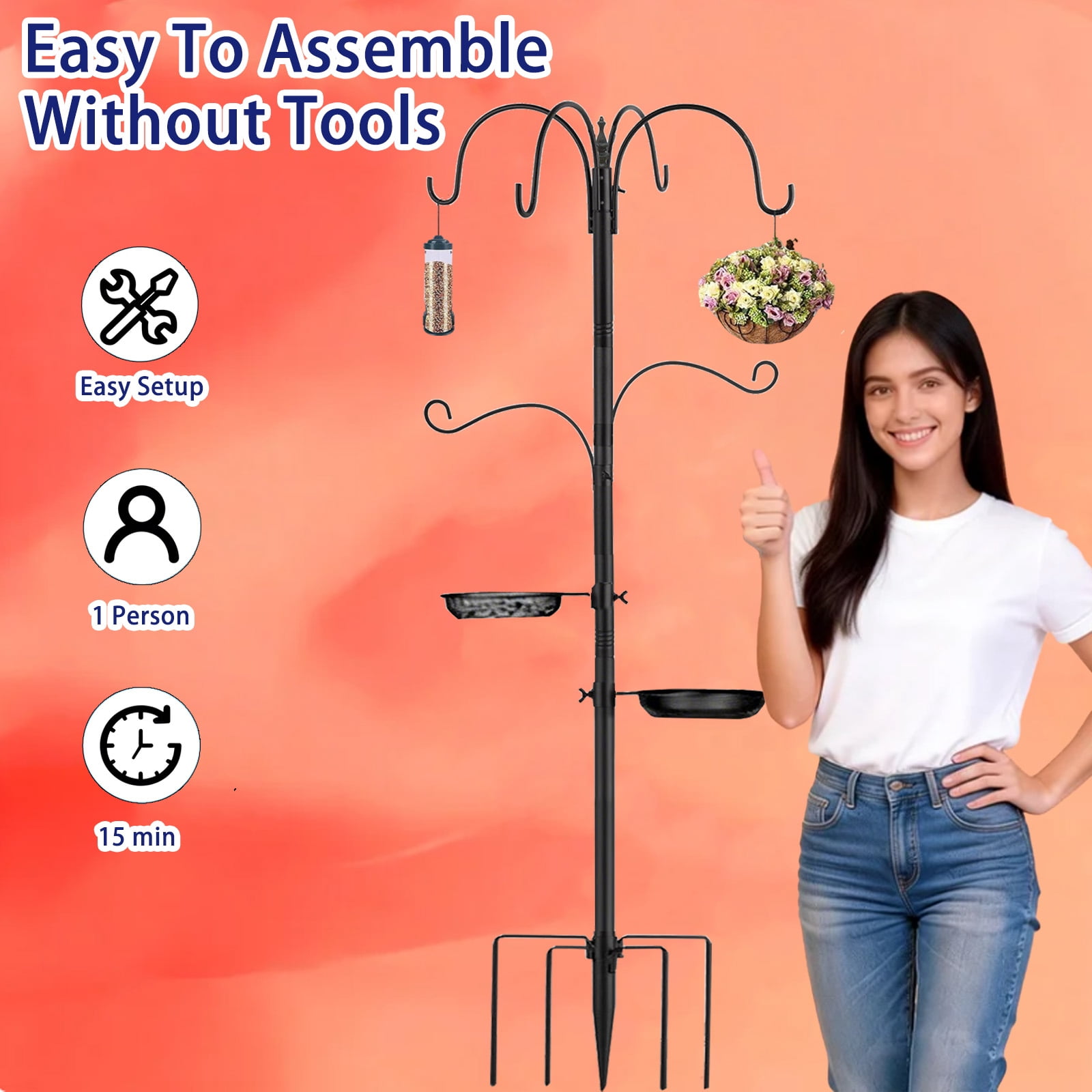 6-Hook Bird Feeding Station Kit Wild Bird Feeder Stand Pole, Multi-Feeder Hanging Kit Stand with Water Bowl, Mesh Tray, 88 Inch