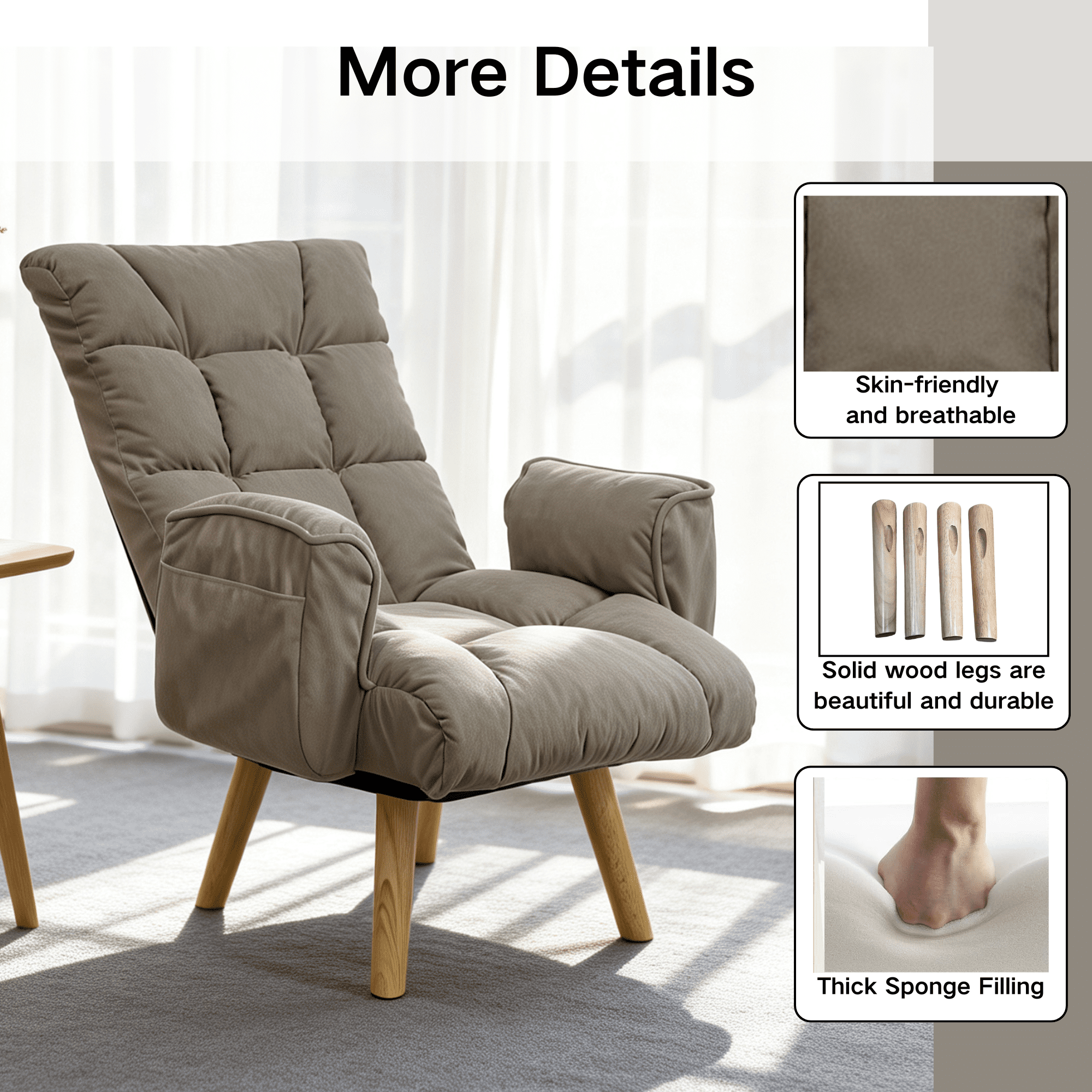 Lounge Chair with 360 Degree Rotating Seat and 3-Level Adjustable Back, Lazy Sofa Chair and Accent Seating with Solid Wood Legs for Living Room, Gray