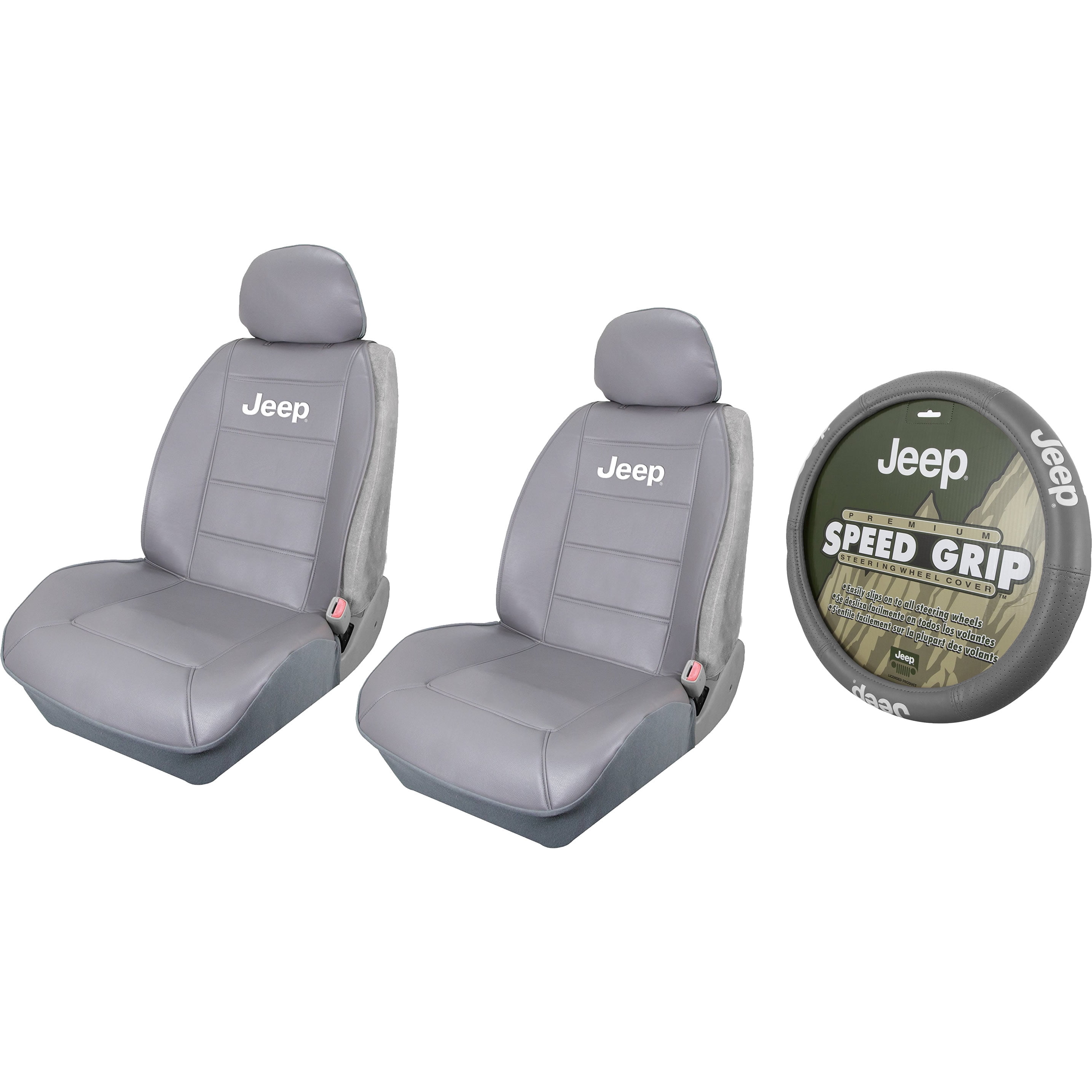 2 Gray Synthetic Leather Sideless Seat Covers & Gray Steering Wheel