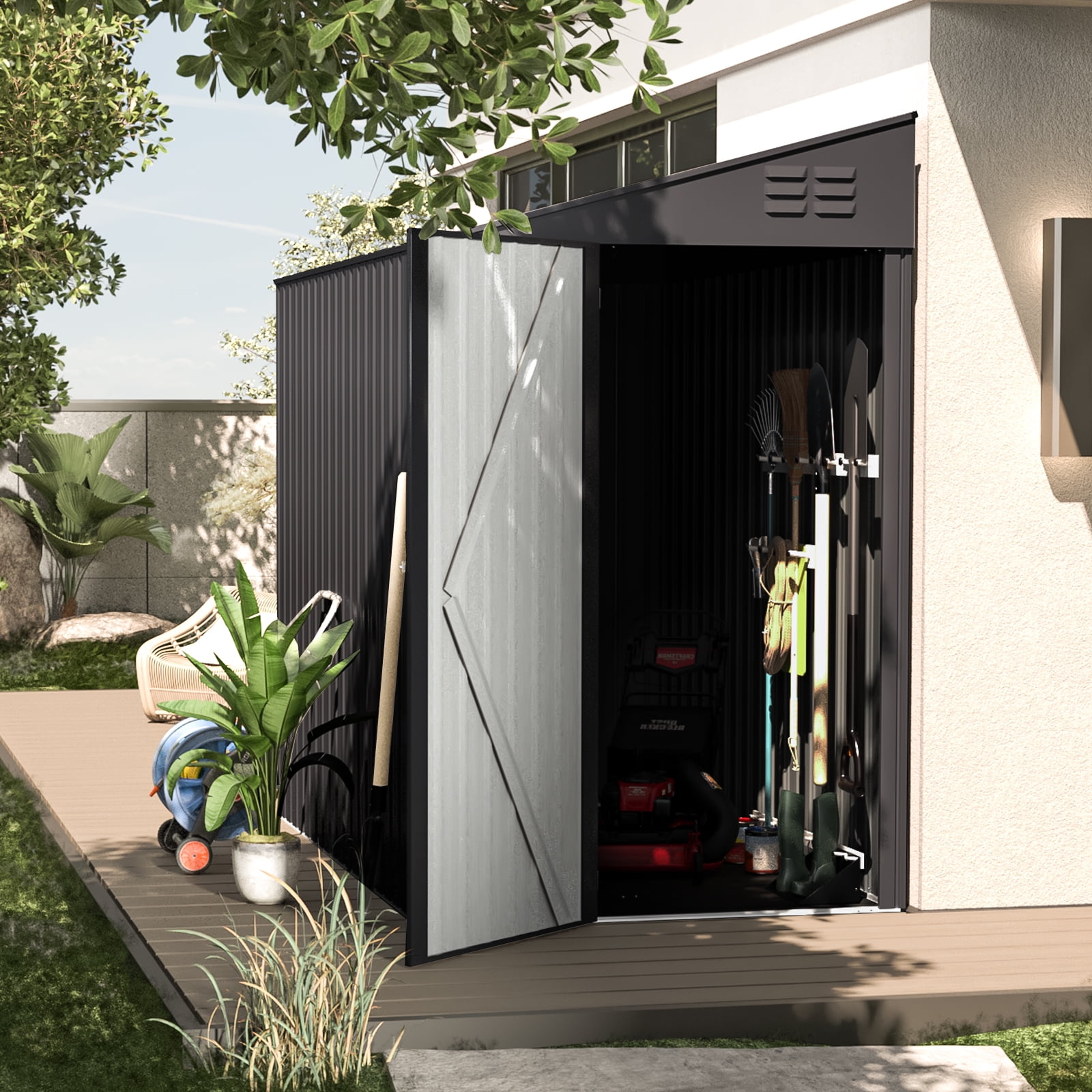 YODOLLA 4.2' x 7' Outdoor Metal Storage Side Shed with Lockable Door Metal Attached Lean-To Shed for Backyard in Gray