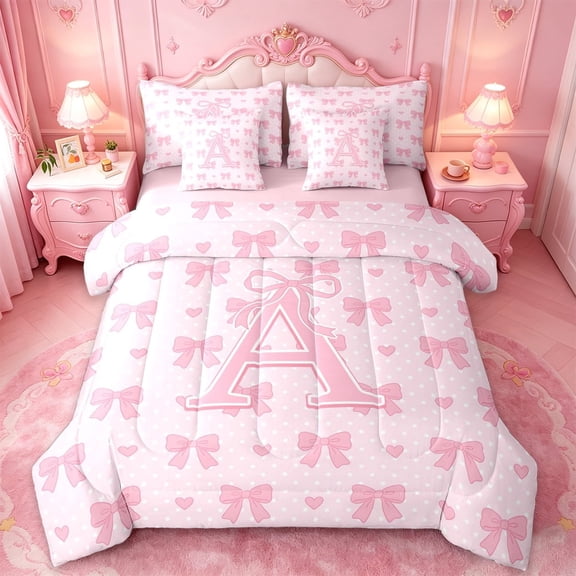 Manfei Kawaii Bows 7-Piece Twin Bedding Sets For Girls,Pink Letter A Initial Lettering Bedding Comforter Set,Pink Reversible