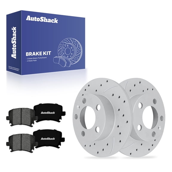 AutoShack Rear Solid Drilled & Slotted Coated Brake Rotors Silver Matte Finish   Premium Ceramic Pads 6-PC Brake Kit Replacement for 2007-2009 Volkswagen Jetta TurboGuard 9.13" (232 mm)