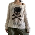 thumbnail image 1 of ZAXARRA Femmes Creux Chandails Blancs Manches Longues sur l'Épaule Crâne Impression Col Rond Pull en Tricot Haut, 1 of 7