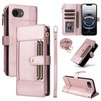 Designed for iPhone 16e Crossbody Wallet Phone Case, With Shoulder Strap&Wrist Strap,Flip Folio Kickstand,Card Slots,Zipper Pocket,PU Leather Magnetic Snap Shockproof Phone Case,Rosegold