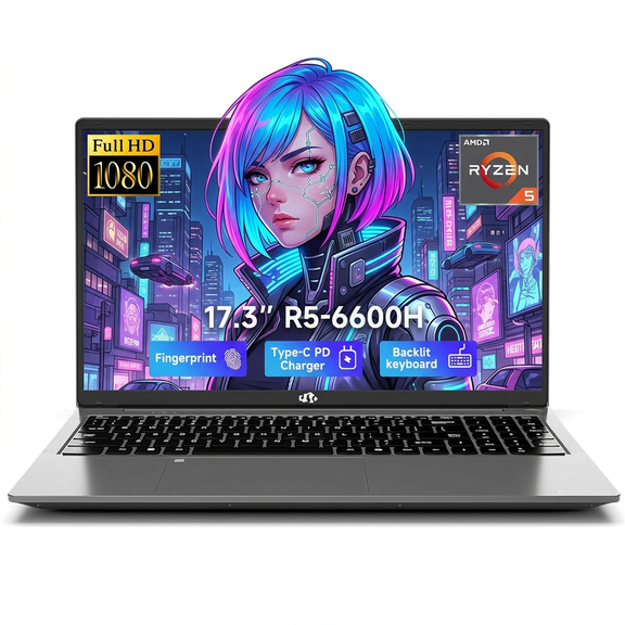 17.3" IPS FHD Gaming Laptop 16GB DDR5 RAM 1TB SSD AMD Ryzen 5 6600H (Beat i7-1165G7 Up to 4.5GHz) Radeon 660M GPU with 100W Type-C Backlit Keyboard Fingerprint Gray