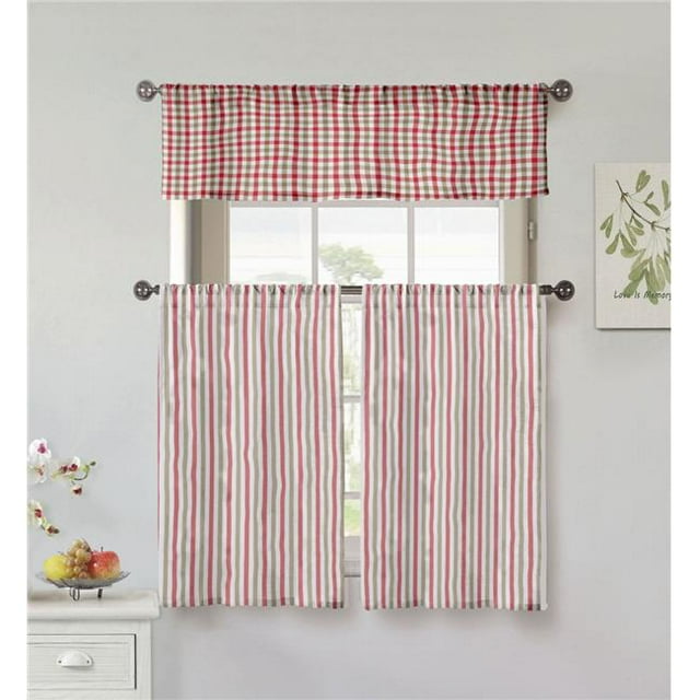 Accueil Maison FINI 14083D12 Tier & Valance Set - Rideaux de Fenêtre - Rayure & Damier - Rouge Bordeaux