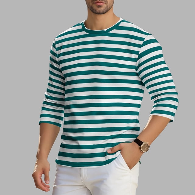 Ceisia Men's Spring Summer Casual Regular Fit Crew Neck Three-Quarter Sleeve T-Shirt Multi-Color Striped Cotton-Like Jersey Stretch Fabric Green L Gifts