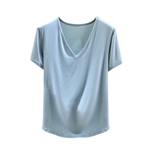 QSXADF Womens Pajama Tops Sleep Shirts For Women Solid Cotton Loose V Neck Short Sleeve Crop Sleep Top Women Home Sleepwear Ladies Loungewear