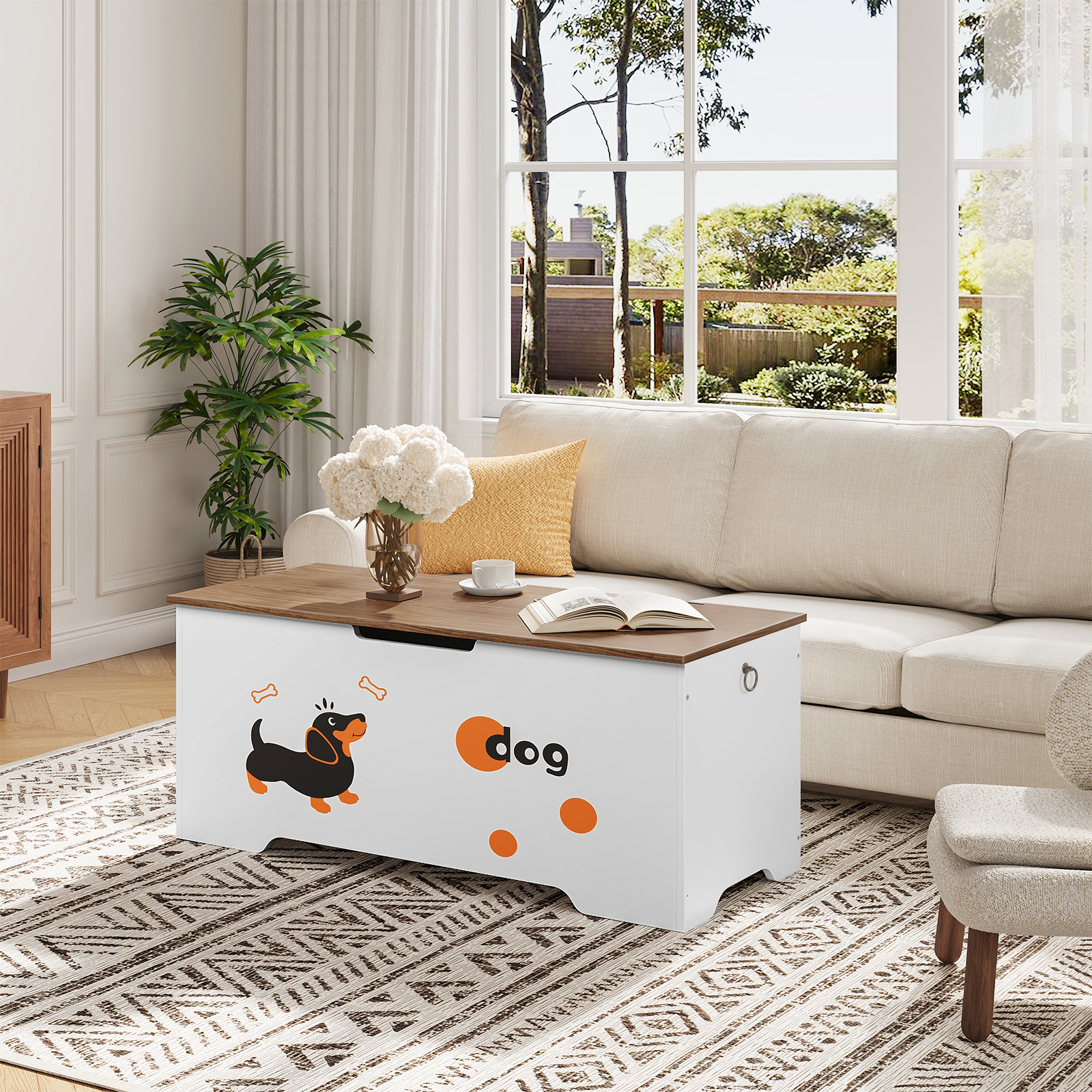 HOOBRO Storage Bench, Toy Box Organizer with Puppy Pattern, Shoe Bench with 2 Safety Hinges,&nbsp;Farmhouse Style, 39.4''L x 15.7''W x 19.5''H for Entryway,White and Walnut WH494CW01