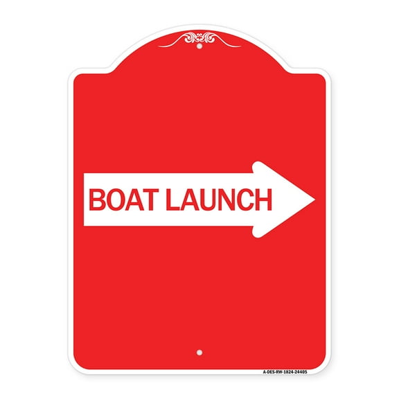 SignMission A-DES-RW-1824-24405 18 x 24 in. Designer Series Sign - Boat Launch with Right Arrow, Red & White