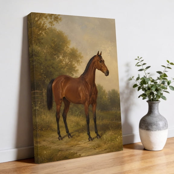 Brown Horse Canvas Wall Art, Rustic Cottagecore Rural Wildlife Grassy Meadow Trees Pictures Wall Decor Wooden Framed Artwork Art Prints for Living Room Hallway Bedroom Office 20"x24"