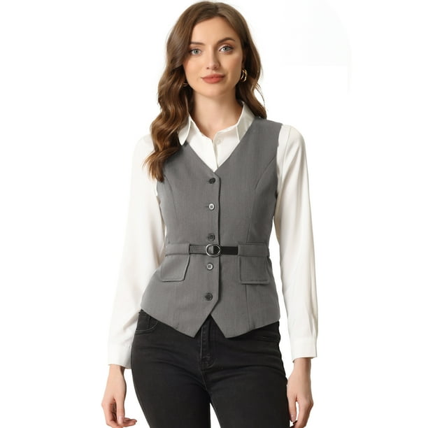 Chaleco con Botones y Cinturón para Mujer Chaleco con Cuello en V y Bolsillos Gris L