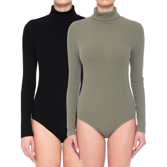 Women's Multi-Ribbed Stretchy Jersey Turtle Neck Long Sleeve Top Leotard Bodysuit- 2pack Set