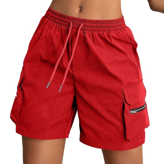 JGGSPWM Women's 7" Hiking Golf Shorts Casual Solid Color Pockets Lightweight Quick Dry Outdoor Elastic Waist Cargo Shorts Red M