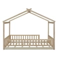thumbnail image 5 of Full Size House Bed for Children, Wood Montessori Bed Full Floor Bed Frame with Fence Shaped Guardrails and Roof for Teens, Girls & Boys Bedroom, Natural, 5 of 8