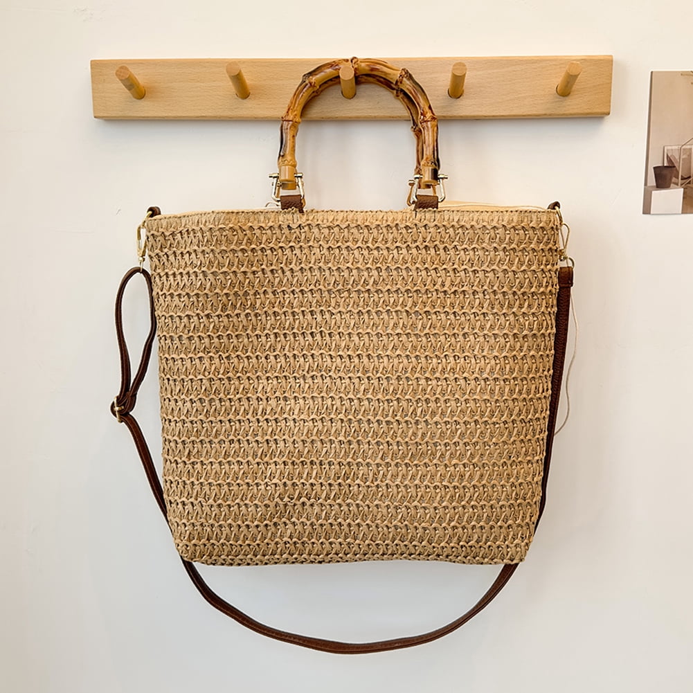 Women Straw Woven Handbag with Bamboo Handle Tote Clutch Bags for Seaside(Khaki) Shoulder Bags for Women