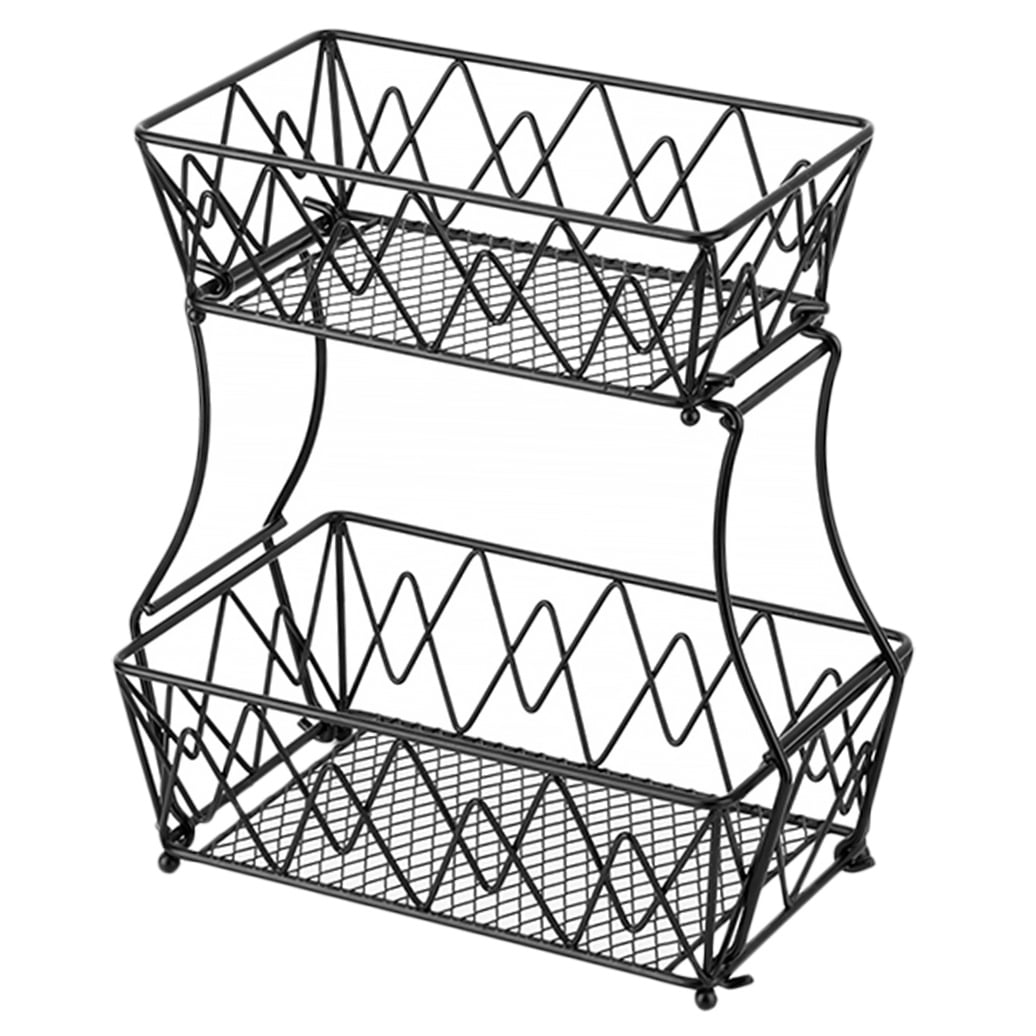 OUNONA Two-Tier Glossy Black Fruit Basket and Vegetable Storage Rack Organizer for Kitchen Countertop and Pantry