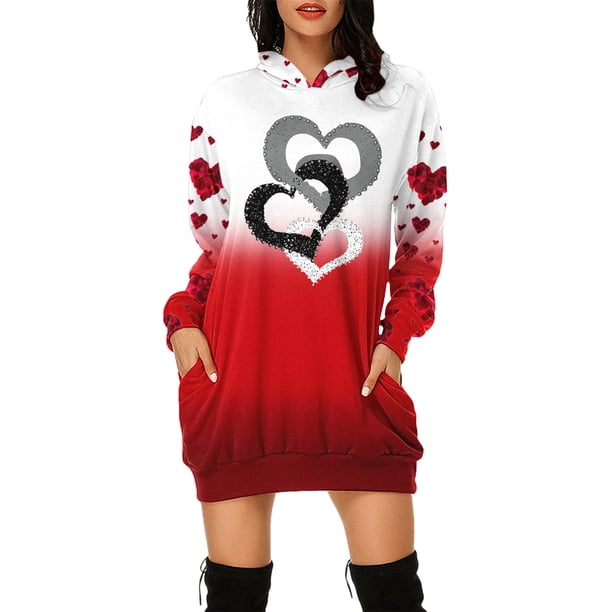 WILLBEST Vestido Lino Mujer Sudadera Con Capucha Y Bolsillos Con Estampado De Corazón De San Valentín Informal Para Mujer