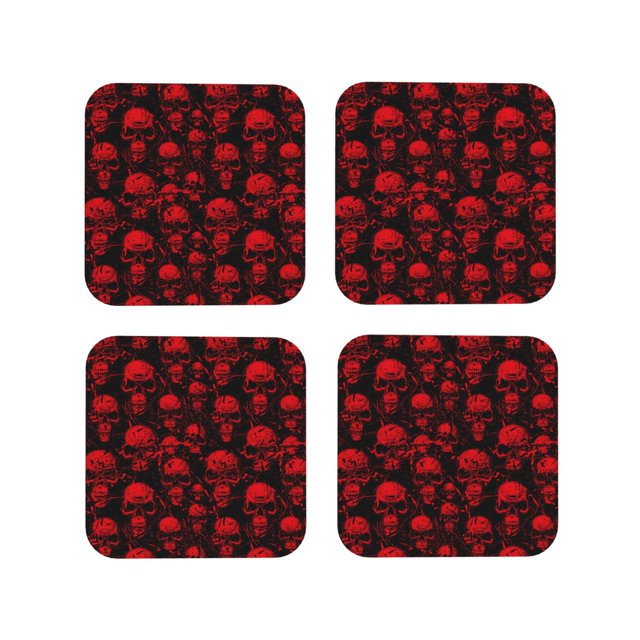 Vsdgher Red Skulls Print Leather Coasters for Drinks, Durable Drink Coasters 4 Set for Tabletop Protection, Luxurious Home Décor and Housewarming Gift-Square