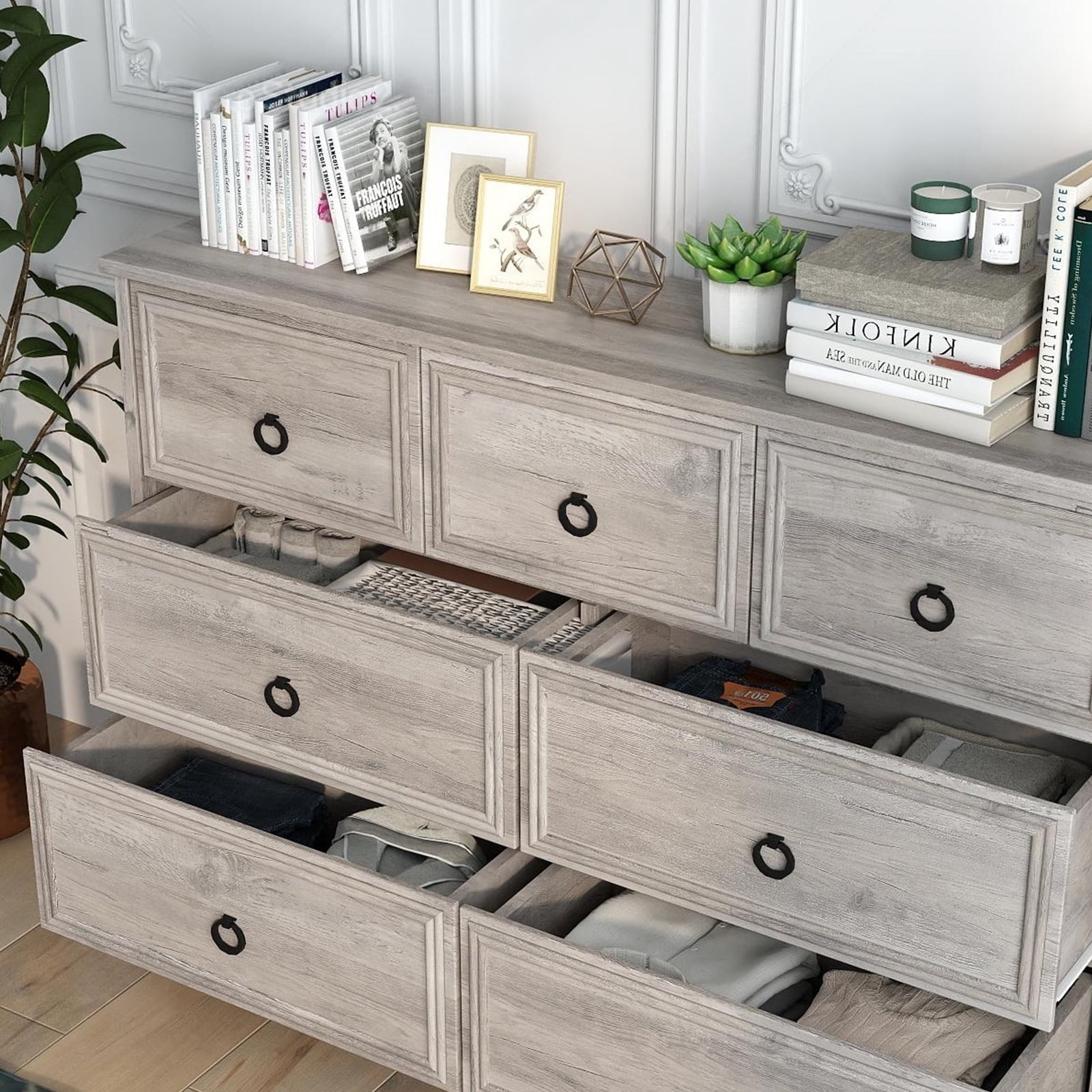 HUJAUU 7 Drawer Dresser, Modern Wood Chest of Drawers for Bedroom, Living Room, Closet, Hallway, Nursery, Gray