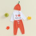 thumbnail image 4 of Gupgi Halloween Baby Boy Girl Outfit Letters Pumpkin Print Romper Pants with Hat Fall Infant Clothes Set, 4 of 9