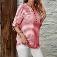 thumbnail image 5 of Vivianyo HD Women's V Henley Gingham Plaid Blouse, Adjustable Roll Tab Three Quarter Sleeve Shirt for Women, Spring Summer Casual Tunic for Grocery Runs and Neighborhood Walks, Sizes S-2XL, 5 of 7
