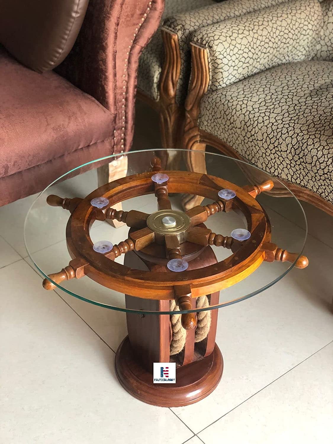 Nautical Marine Ship Wheel Table W/Wooden Base Home Office Furniture