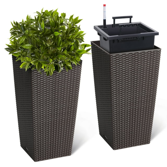 BeesClover Rattan Planter, 22.4 Inch Tall Large Flower Pots with Trays, Water Level Monitor & Wheels for Indoor Outdoor Patio Porch Living Room Home Office Set of 2